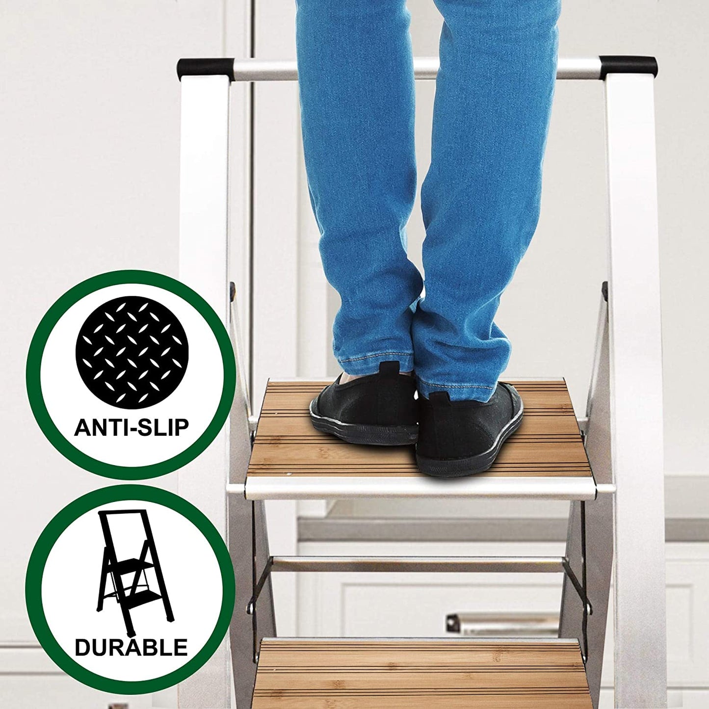 Bamboo Step Ladder | Silver Aluminum