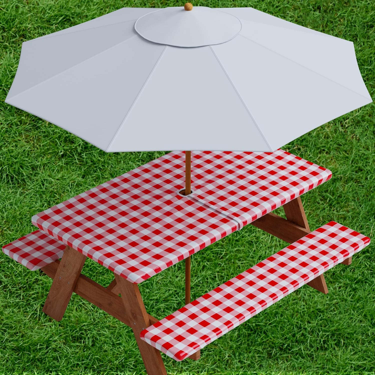 fitted patio table cover with umbrella hole Vinyl Fitted Tablecloth with Cutout for Umbrella – Sorfey