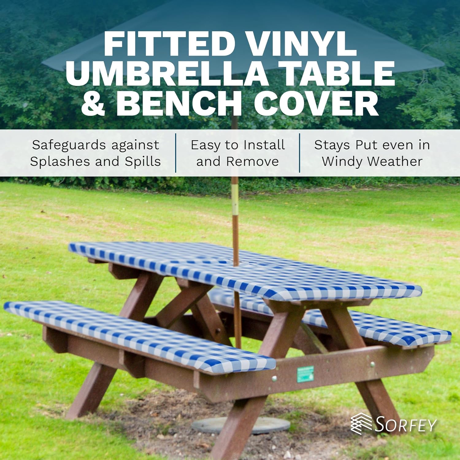 Vinyl Fitted Picnic Table Cover with Bench and Cutout for Umbrella Covers | 3-pc