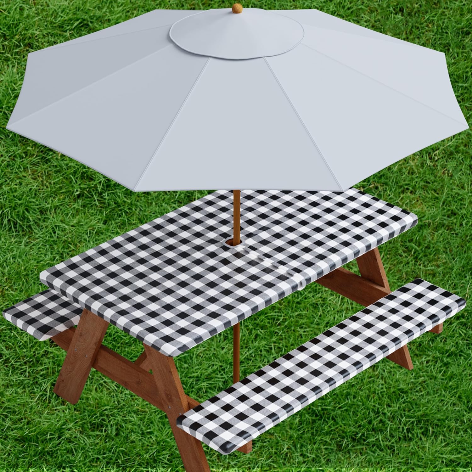 Vinyl Fitted Picnic Table Cover with Bench and Cutout for Umbrella Covers | 3-pc