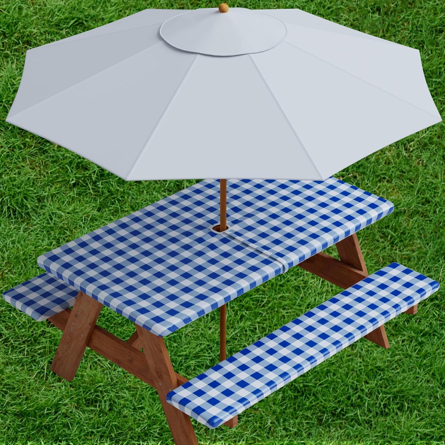 Vinyl Fitted Picnic Table Cover with Bench and Cutout for Umbrella Covers | 3-pc