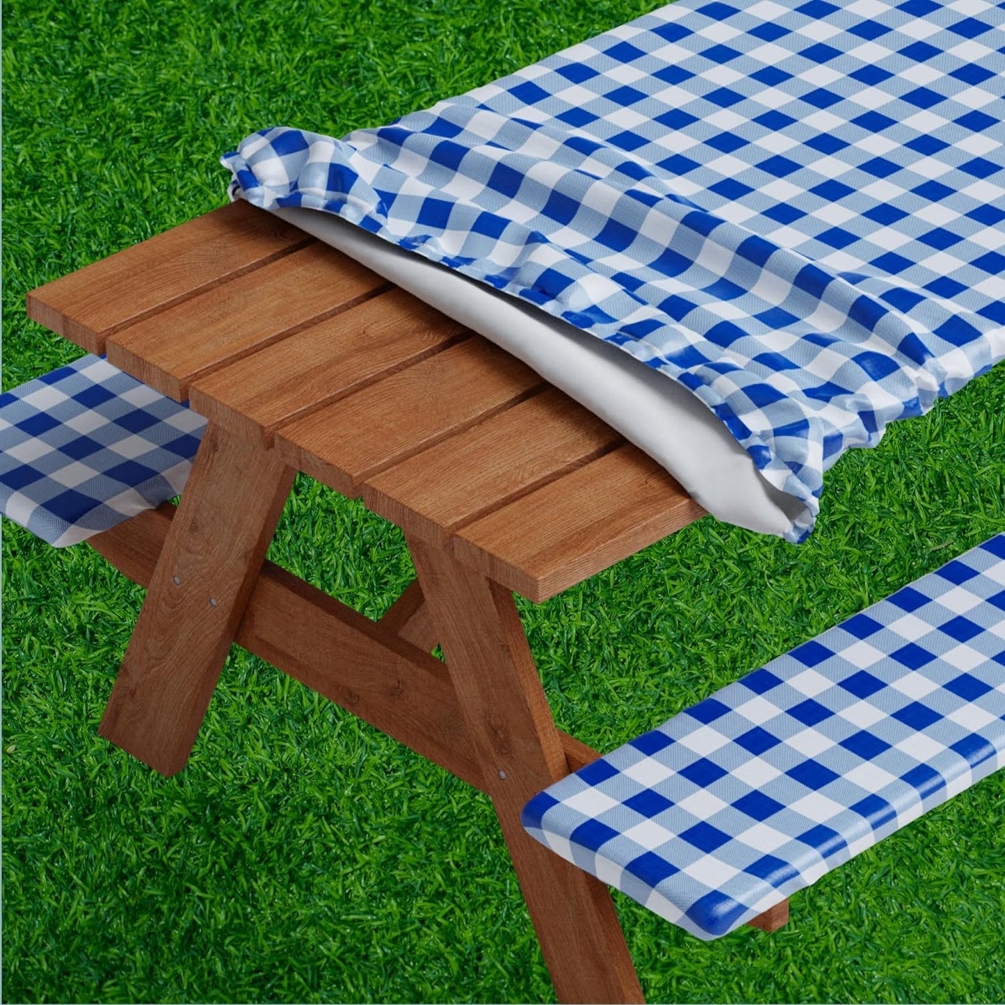 Vinyl Fitted Picnic Table Cover with Bench Covers | 3-pc (Gingham Design)