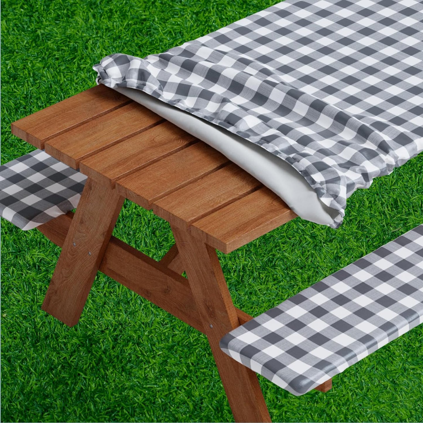 Vinyl Fitted Picnic Table Cover with Bench Covers | 3-pc (Gingham Design)