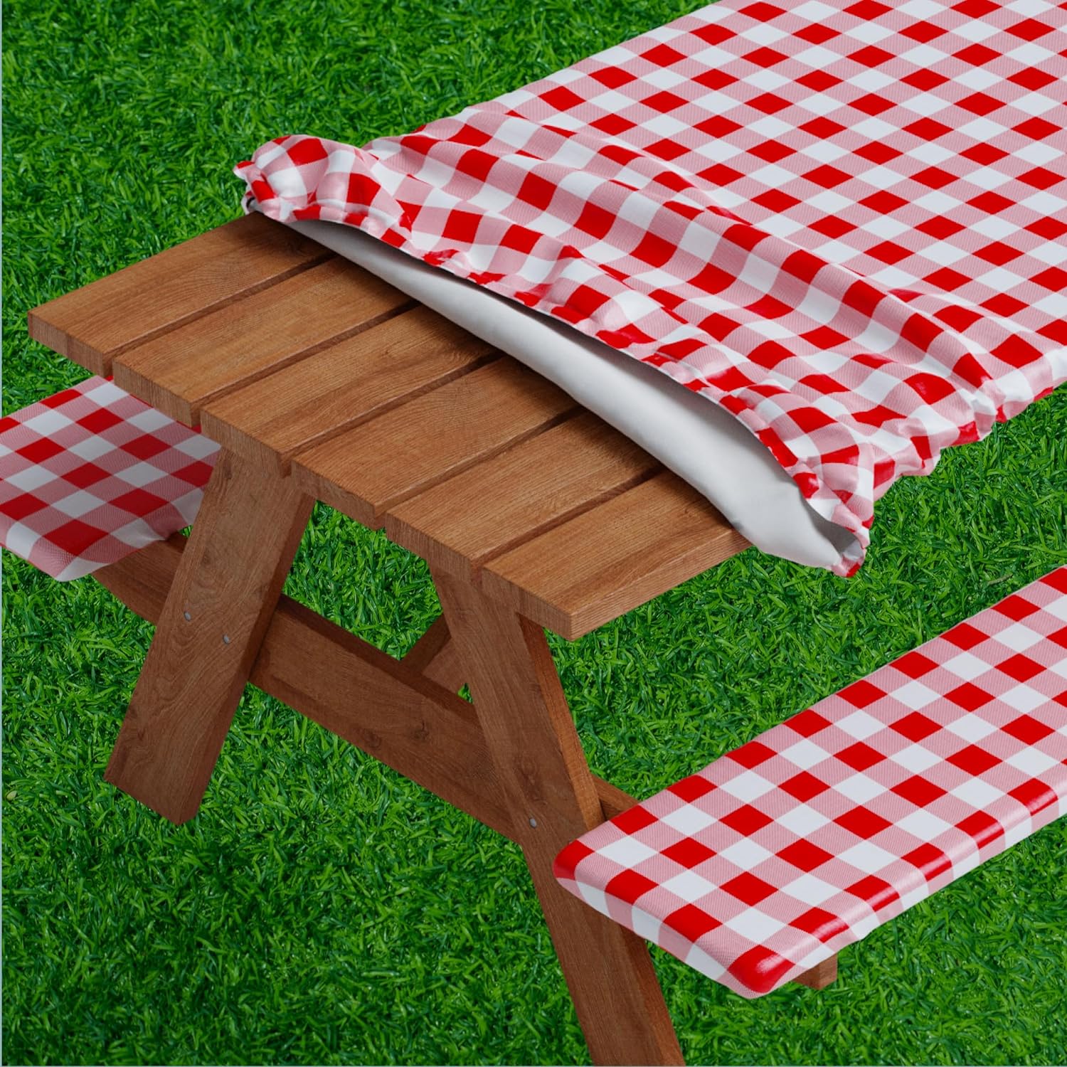 Vinyl Fitted Picnic Table Cover with Bench Covers | 3-pc (Gingham Design)