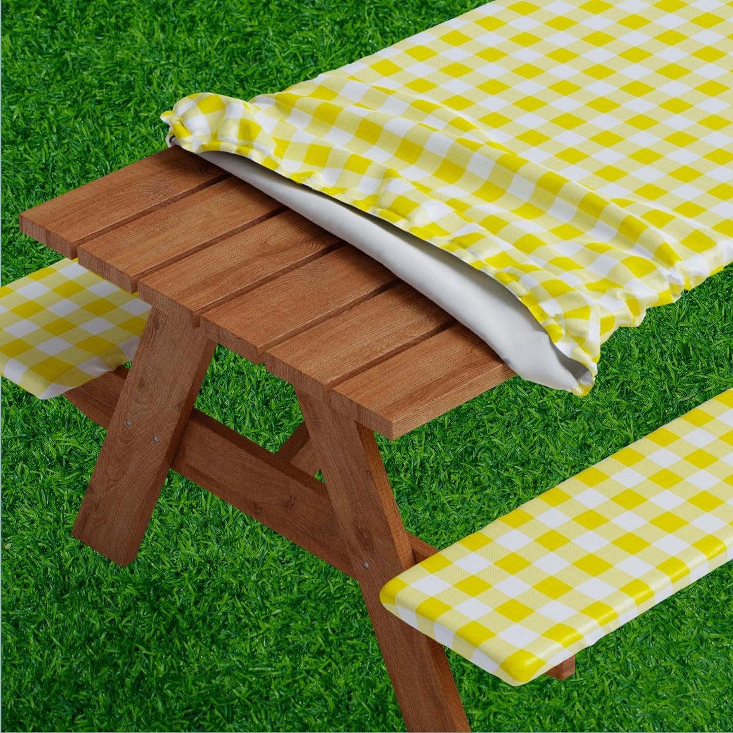 Vinyl Fitted Picnic Table Cover with Bench Covers | 3-pc (Gingham Design)