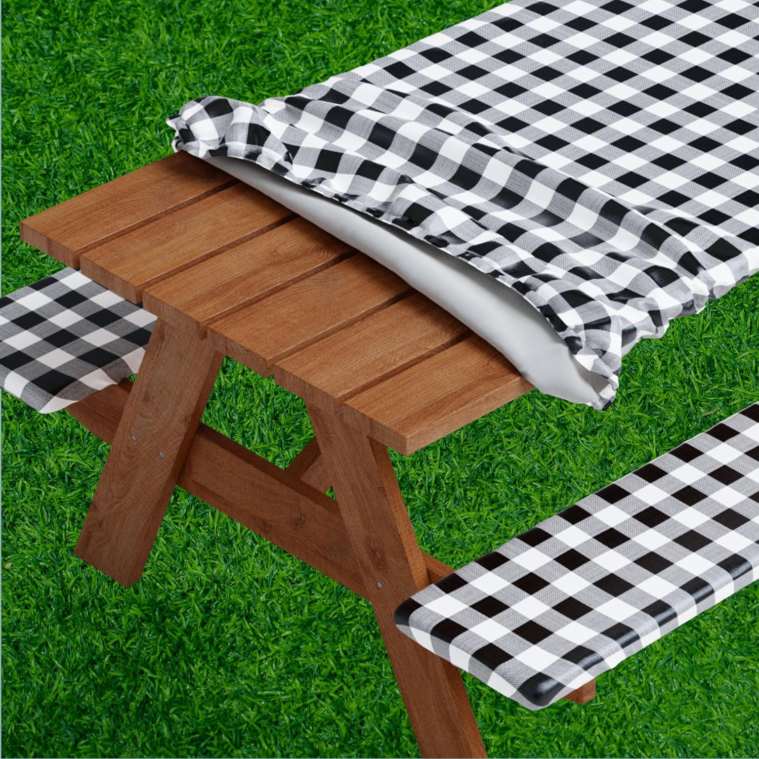 Vinyl Fitted Picnic Table Cover with Bench Covers | 3-pc (Gingham Design)