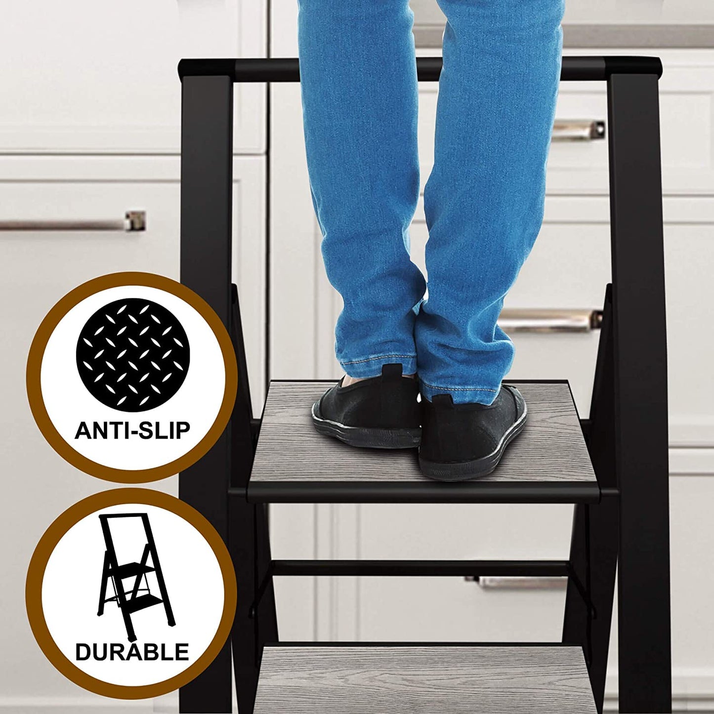 Grey Wood Step Ladder | Black Aluminum