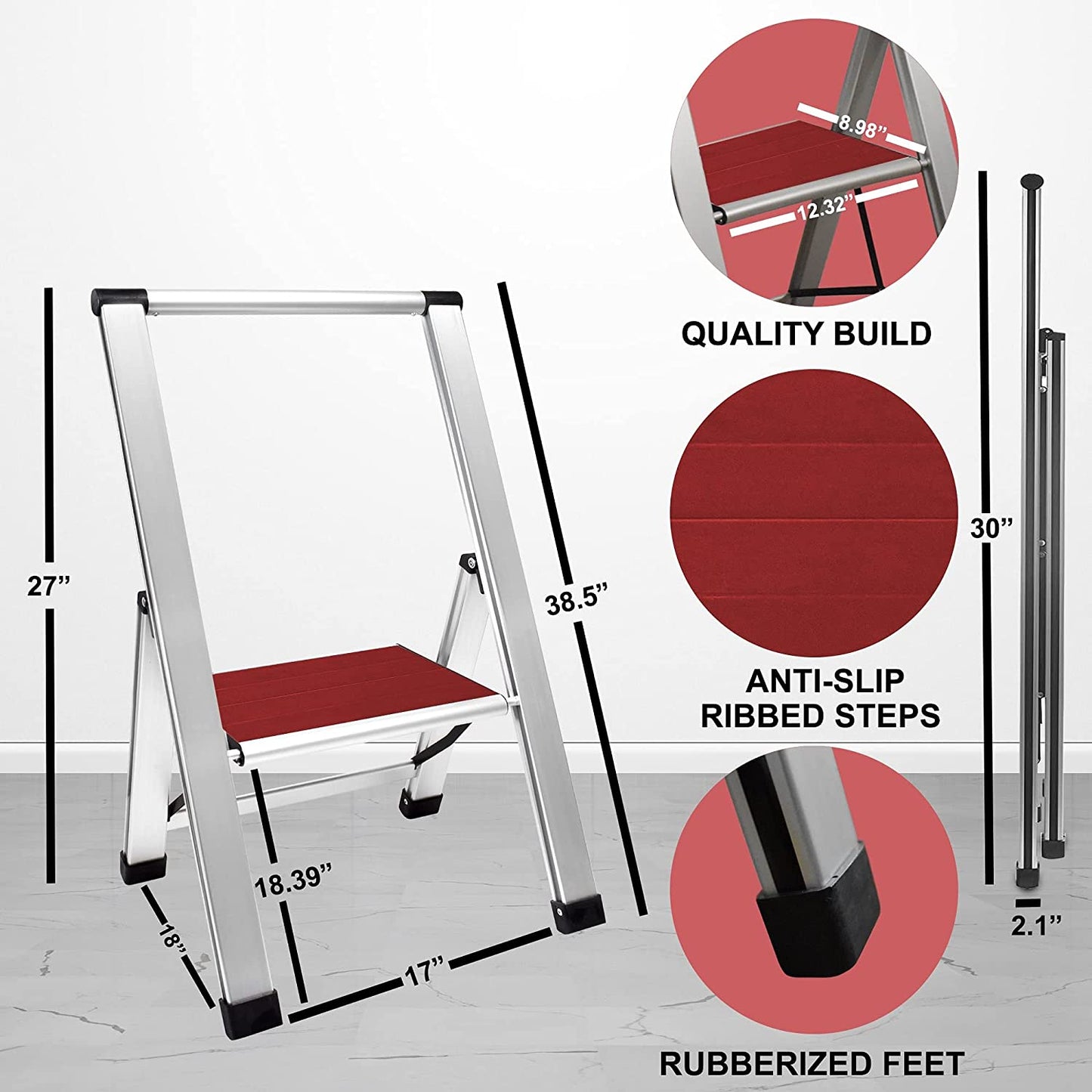 Mahogany Wood Step Ladder | Silver Aluminum
