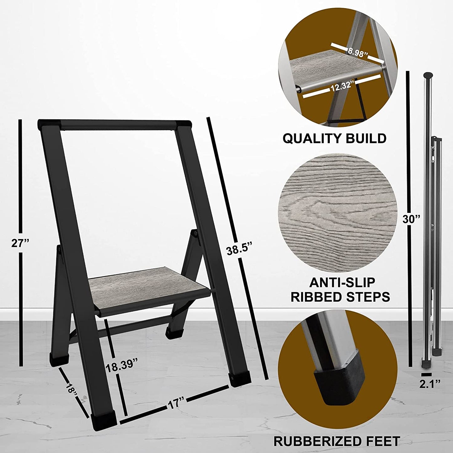 Grey Wood Step Ladder | Black Aluminum