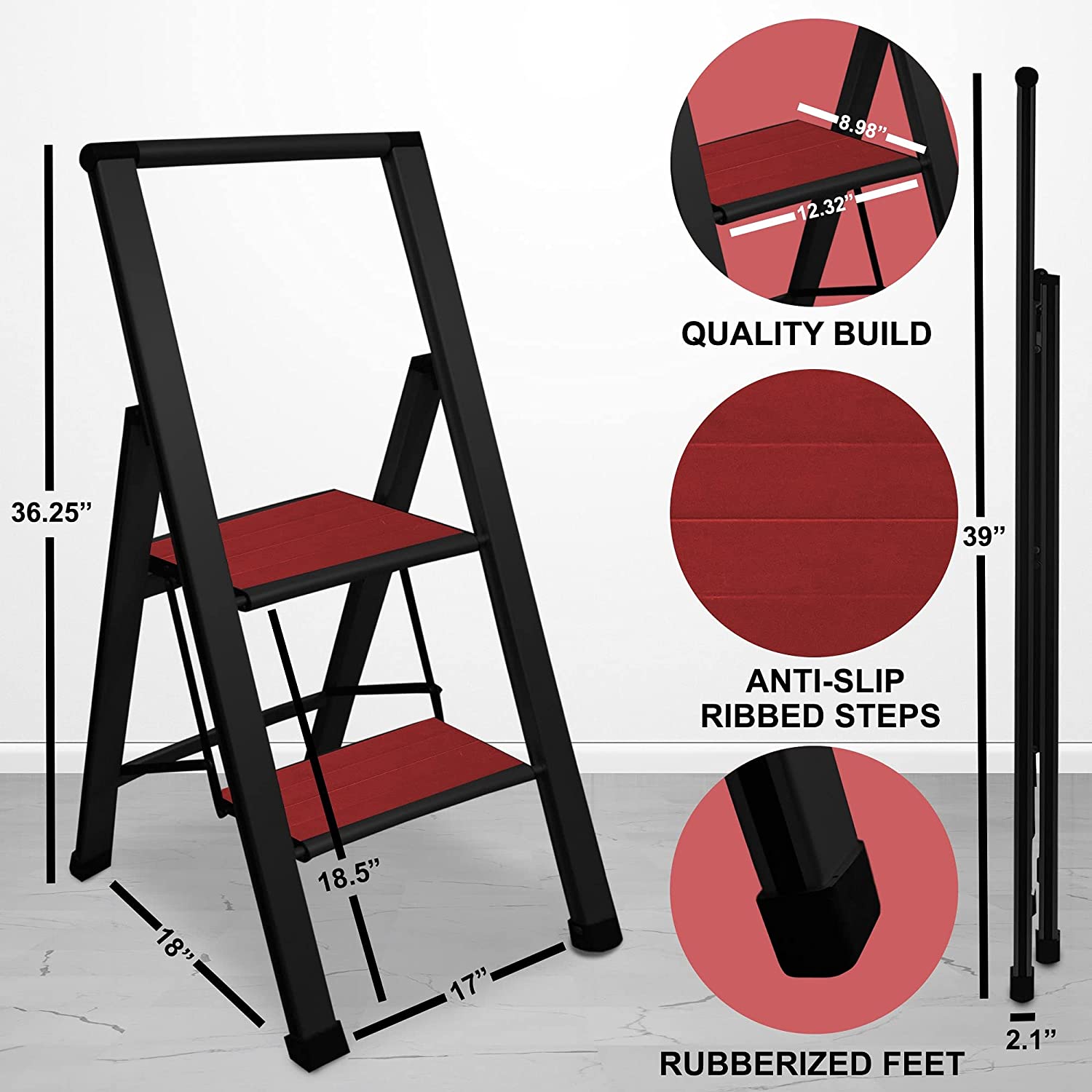 Mdf Step Ladder Mahogany Wood Step Ladder | Black Aluminum – Sorfey