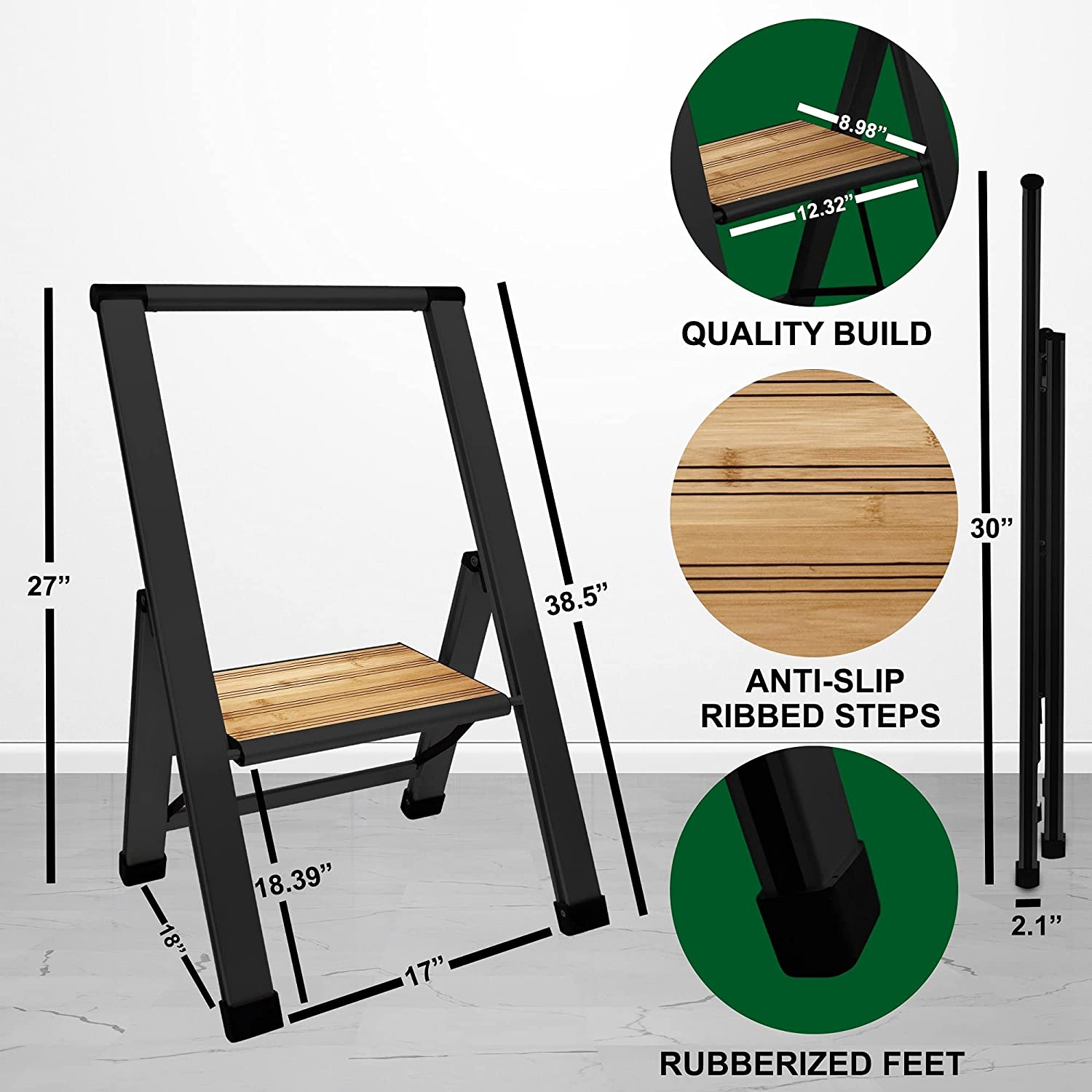 Bamboo Step Ladder | Black Aluminum