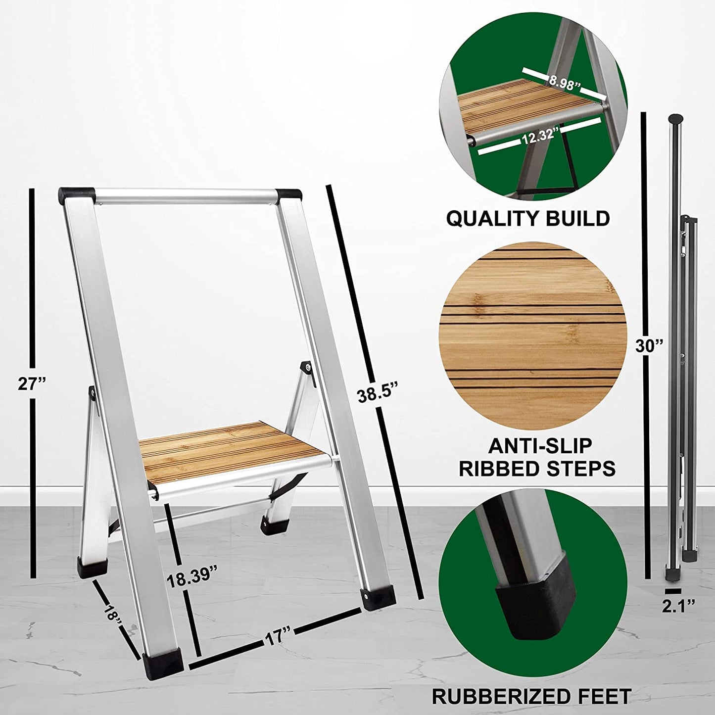 Bamboo Step Ladder | Silver Aluminum