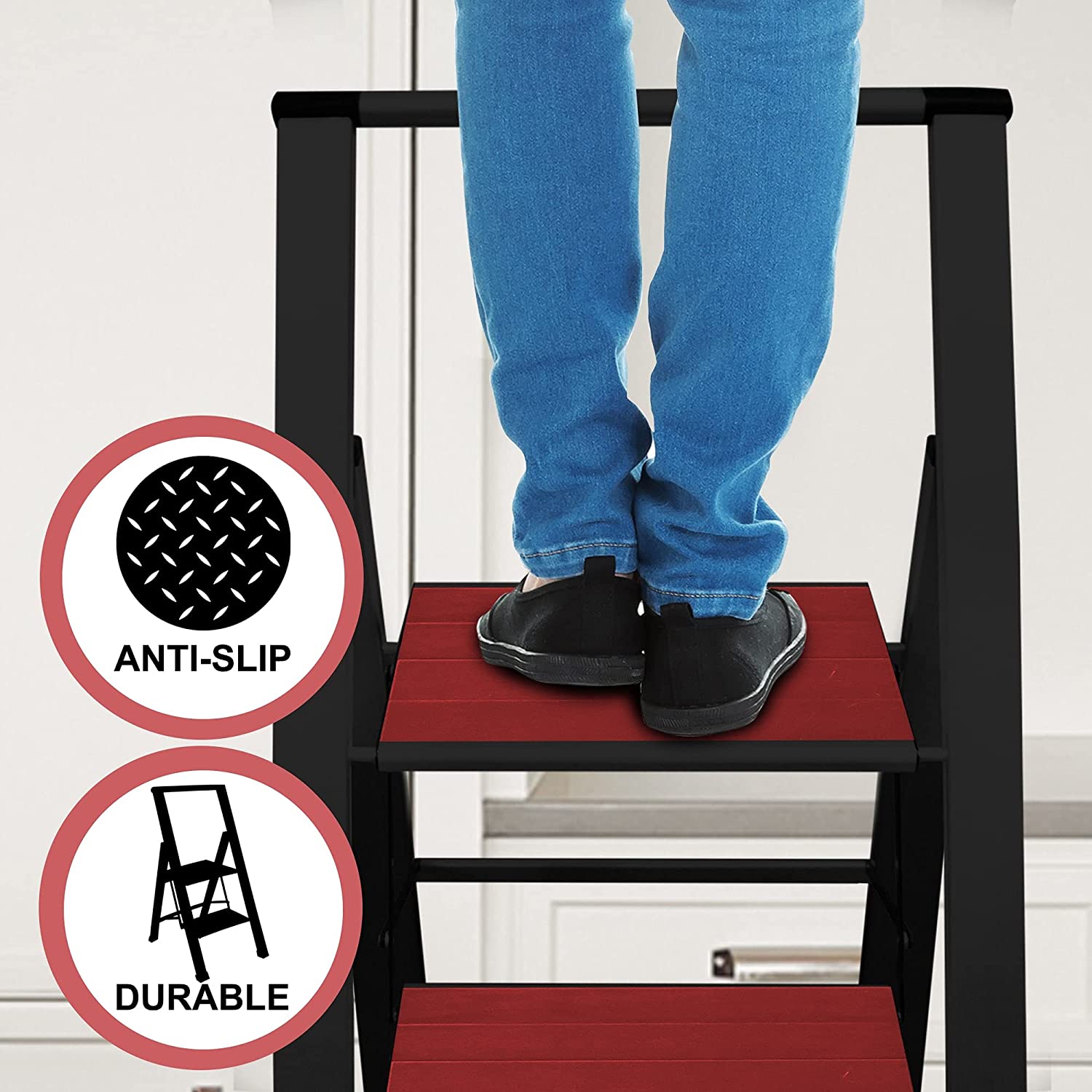 Mahogany Wood Step Ladder | Black Aluminum