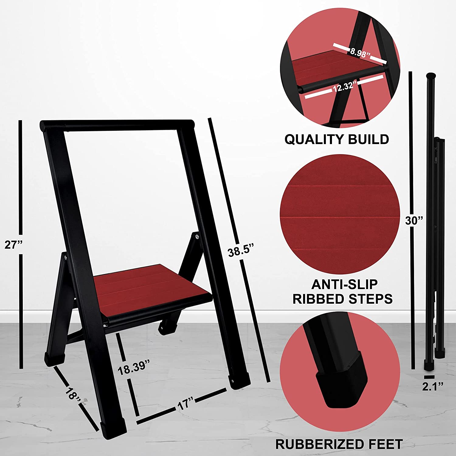 Mahogany Wood Step Ladder | Black Aluminum