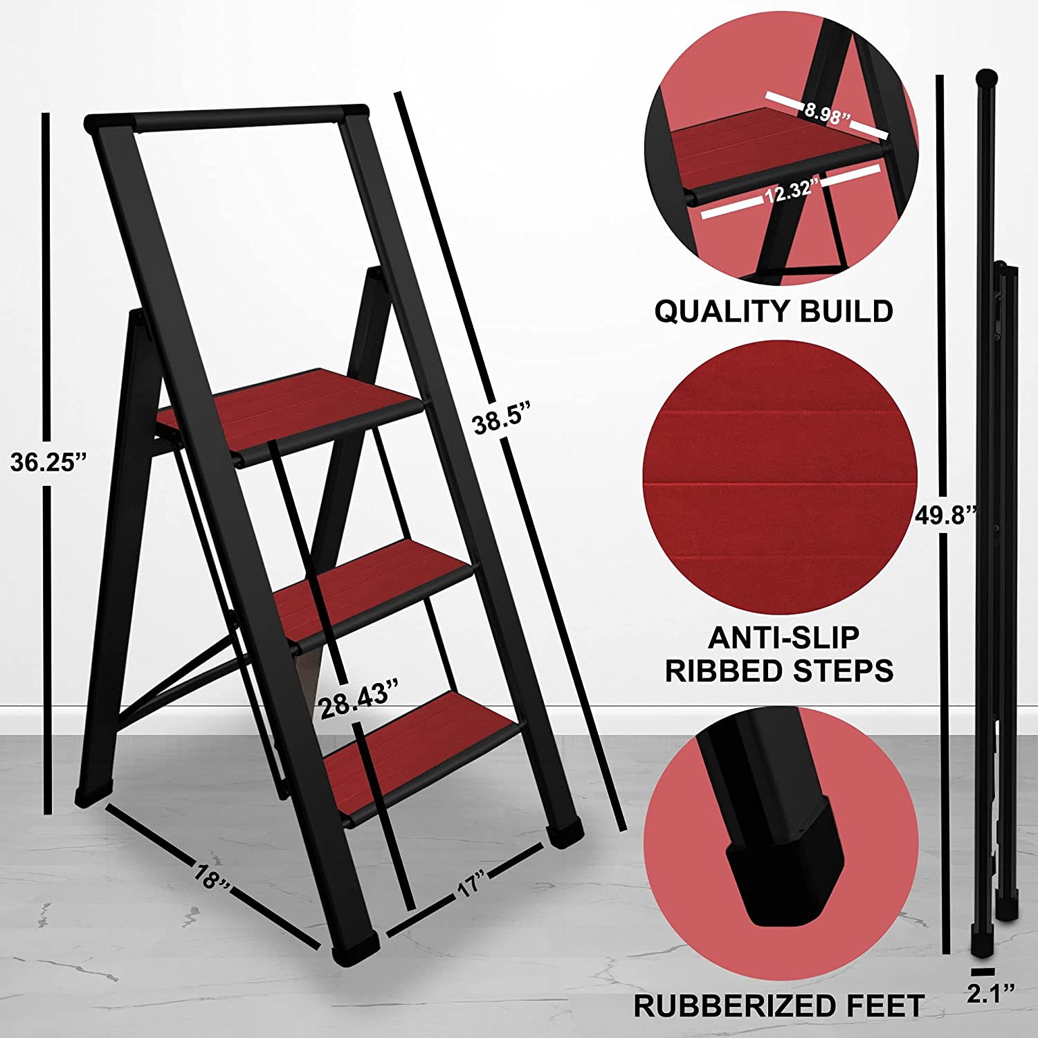 Mahogany Wood Step Ladder | Black Aluminum