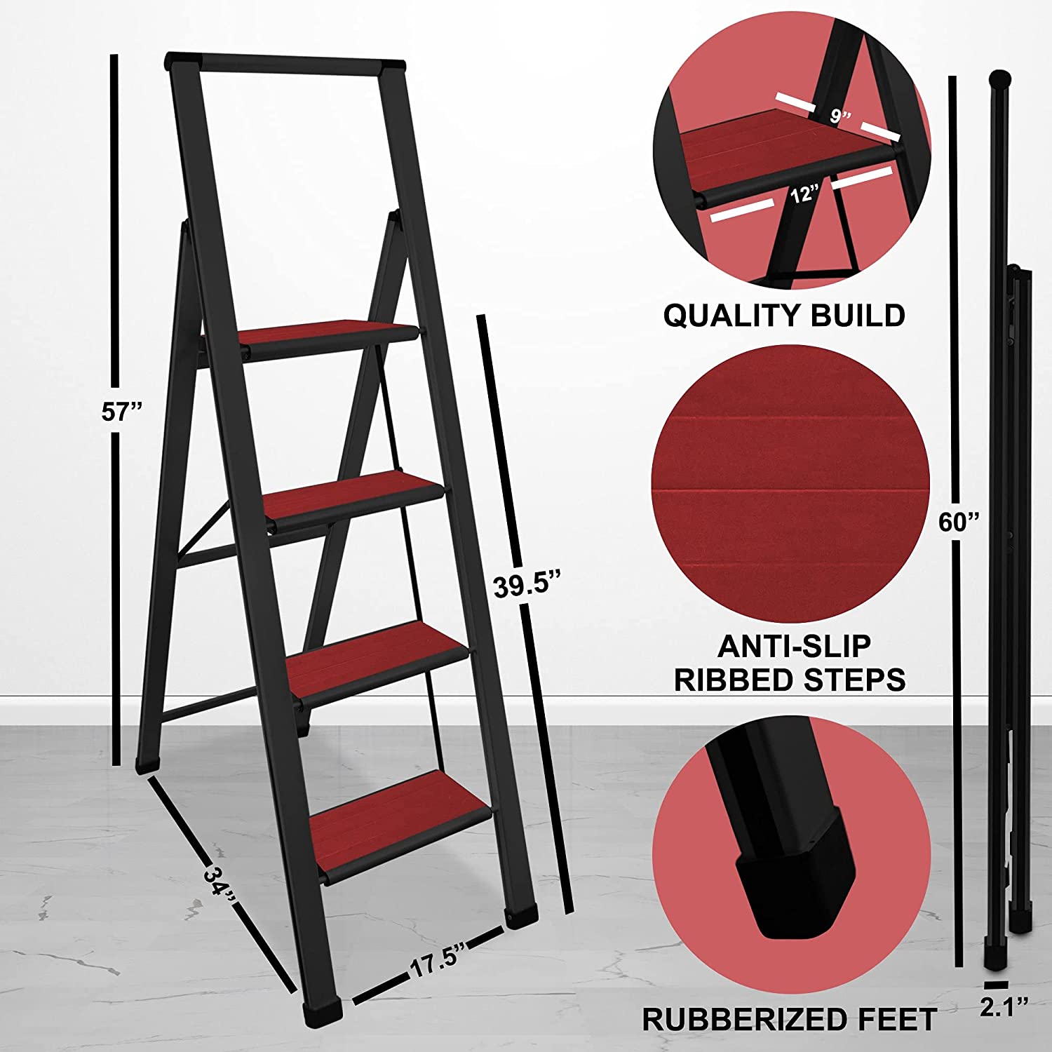 Mahogany Wood Step Ladder | Black Aluminum