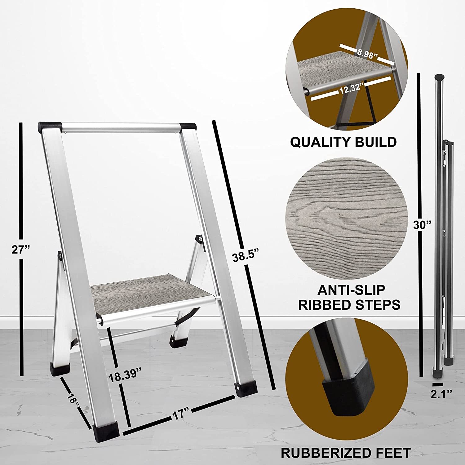 Grey Wood Step Ladder | Silver Aluminum