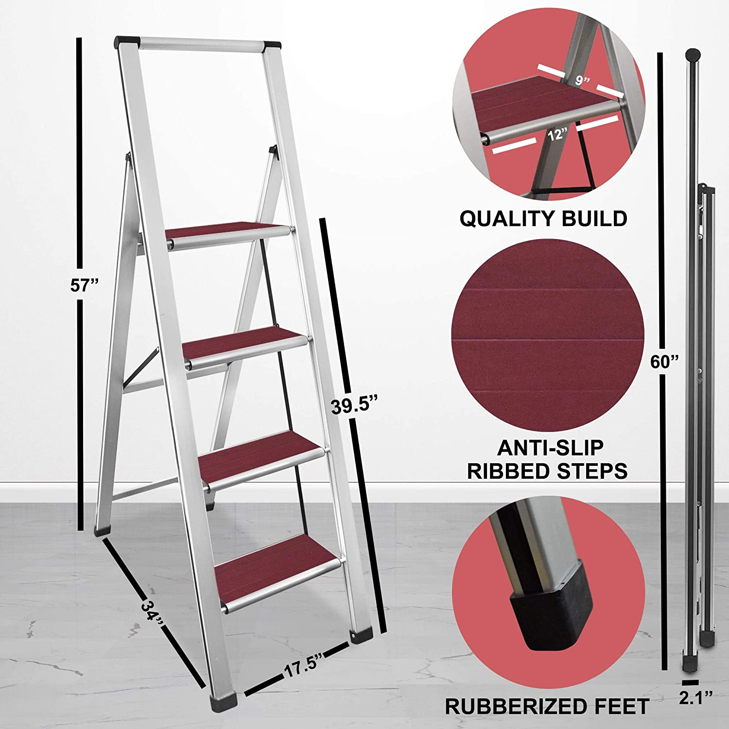 Mahogany Wood Step Ladder | Silver Aluminum