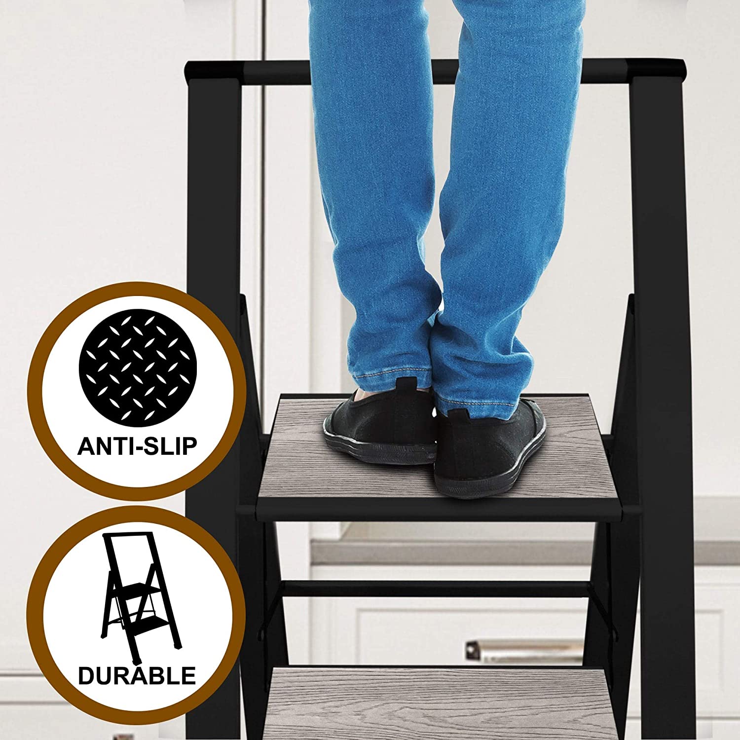 Grey Wood Step Ladder | Black Aluminum