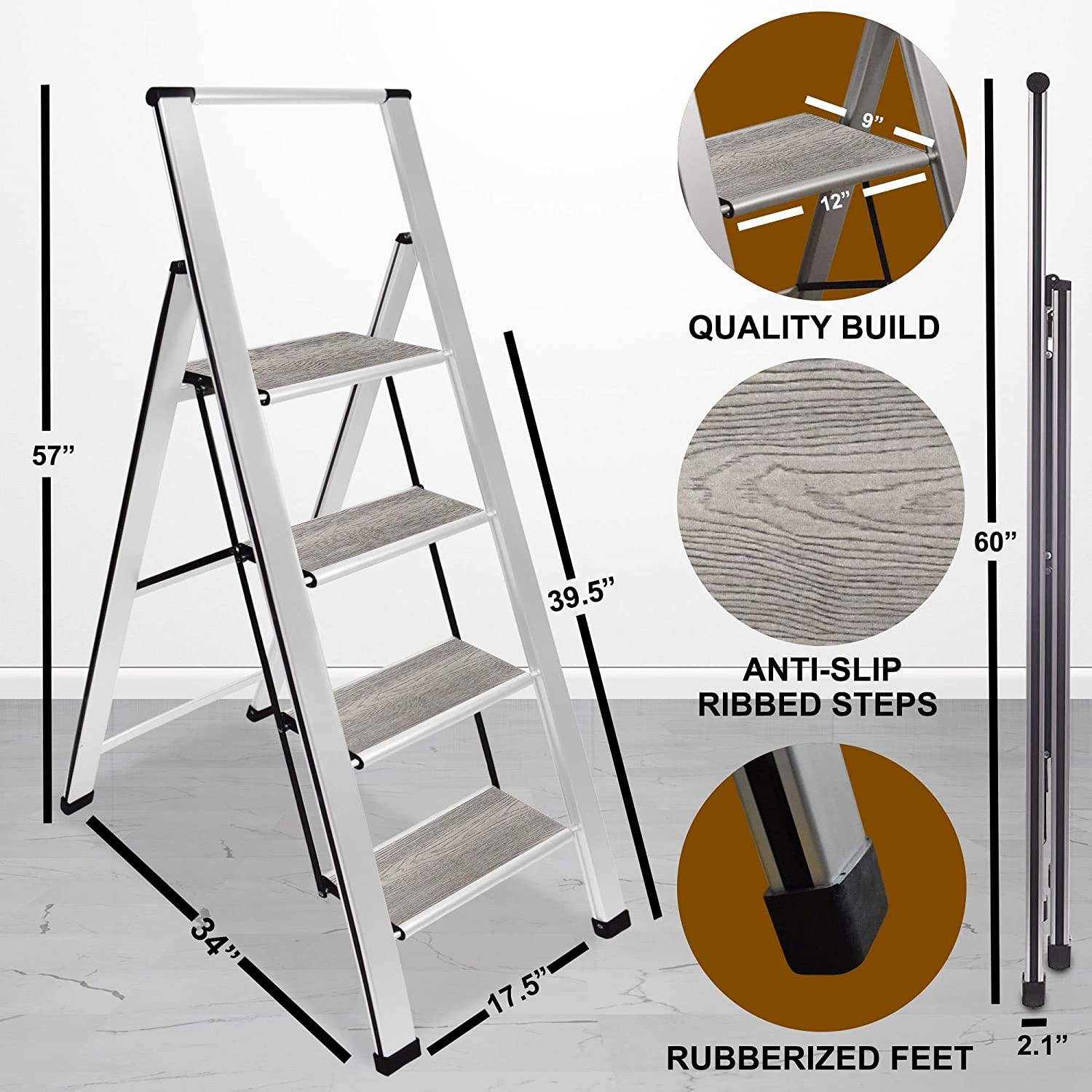 Grey Wood Step Ladder | Silver Aluminum