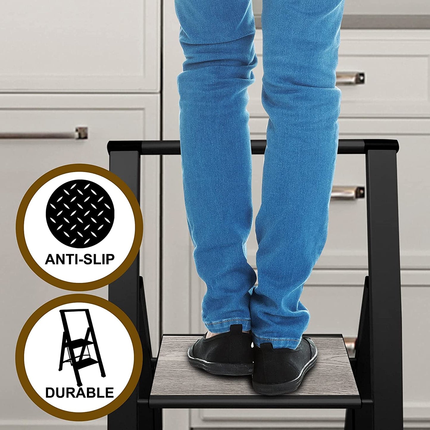 Grey Wood Step Ladder | Black Aluminum