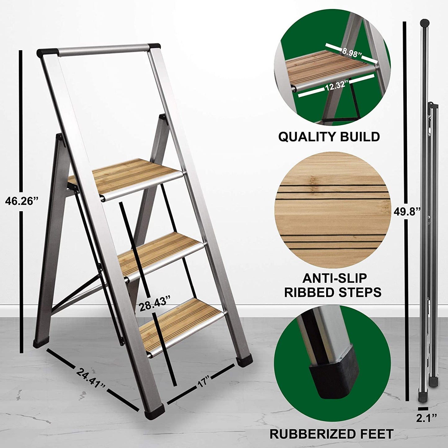 Bamboo Step Ladder | Silver Aluminum