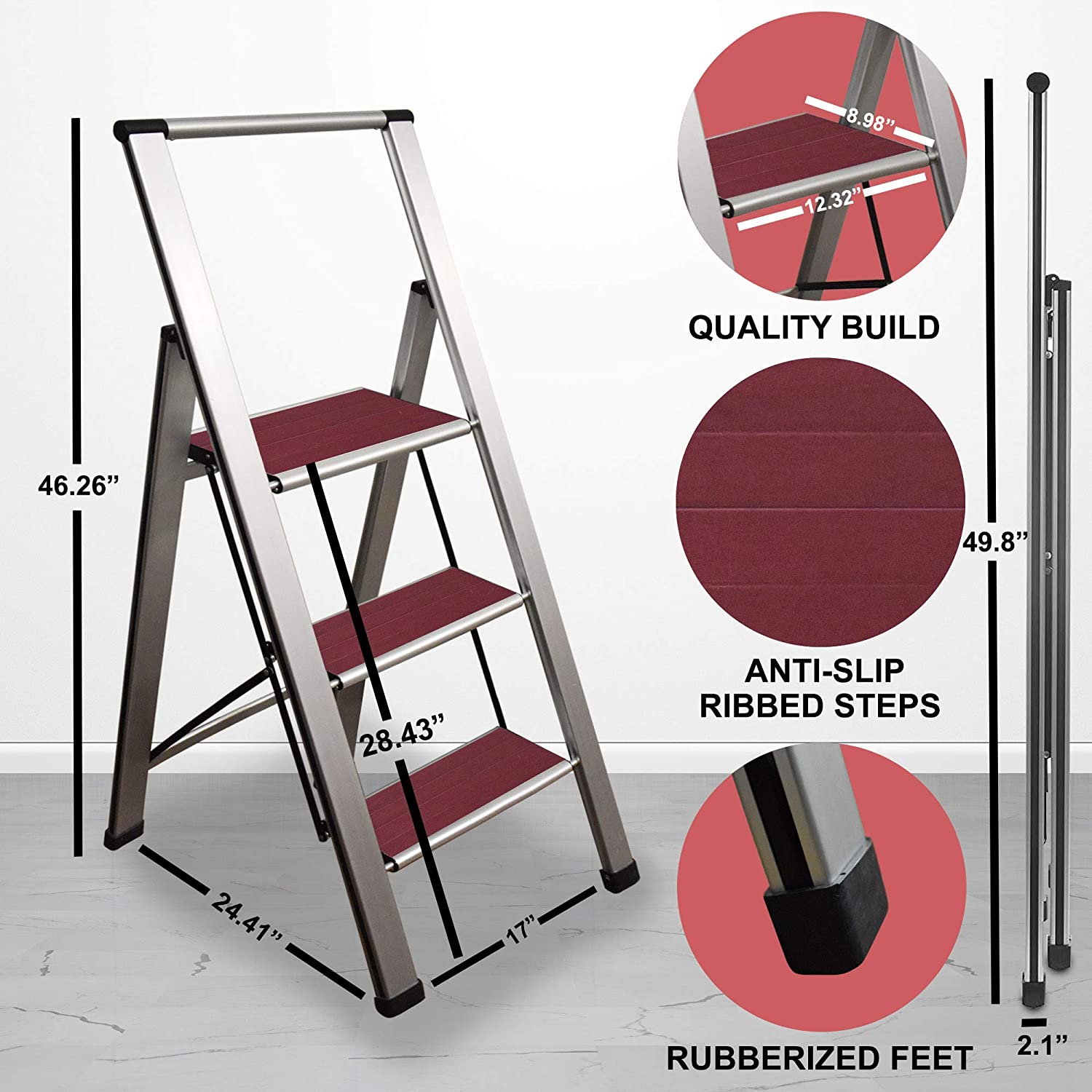 Mahogany Wood Step Ladder | Silver Aluminum