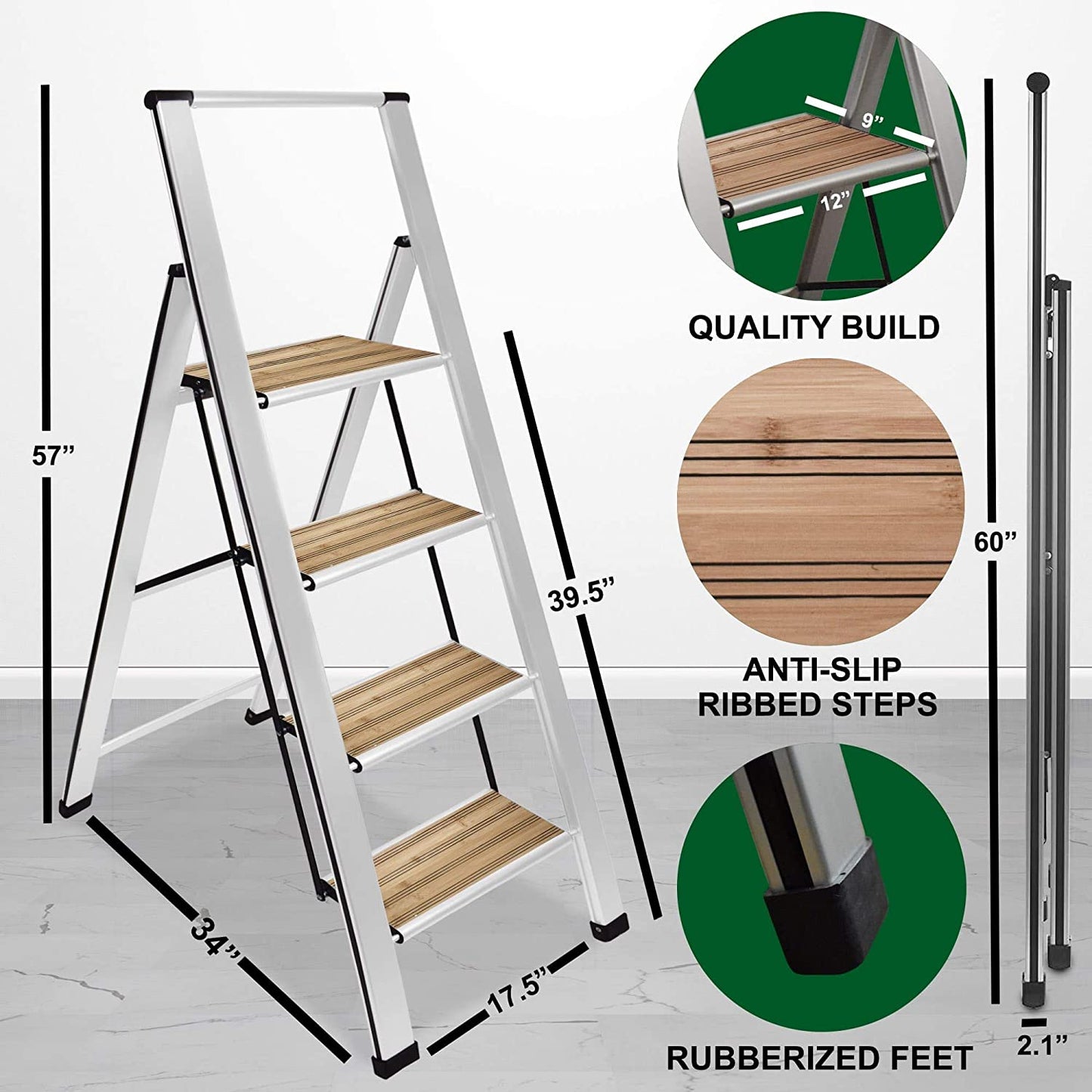 Bamboo Step Ladder | Silver Aluminum