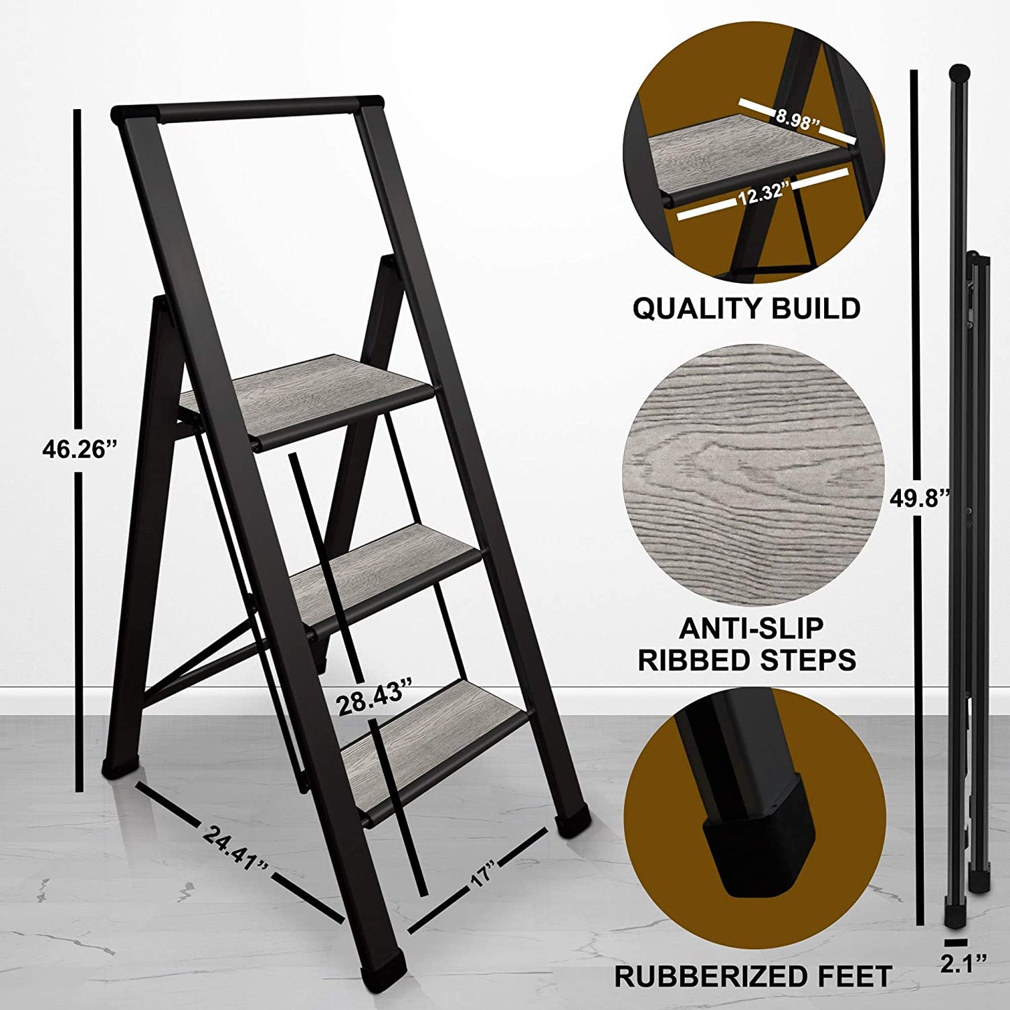 Grey Wood Step Ladder | Black Aluminum