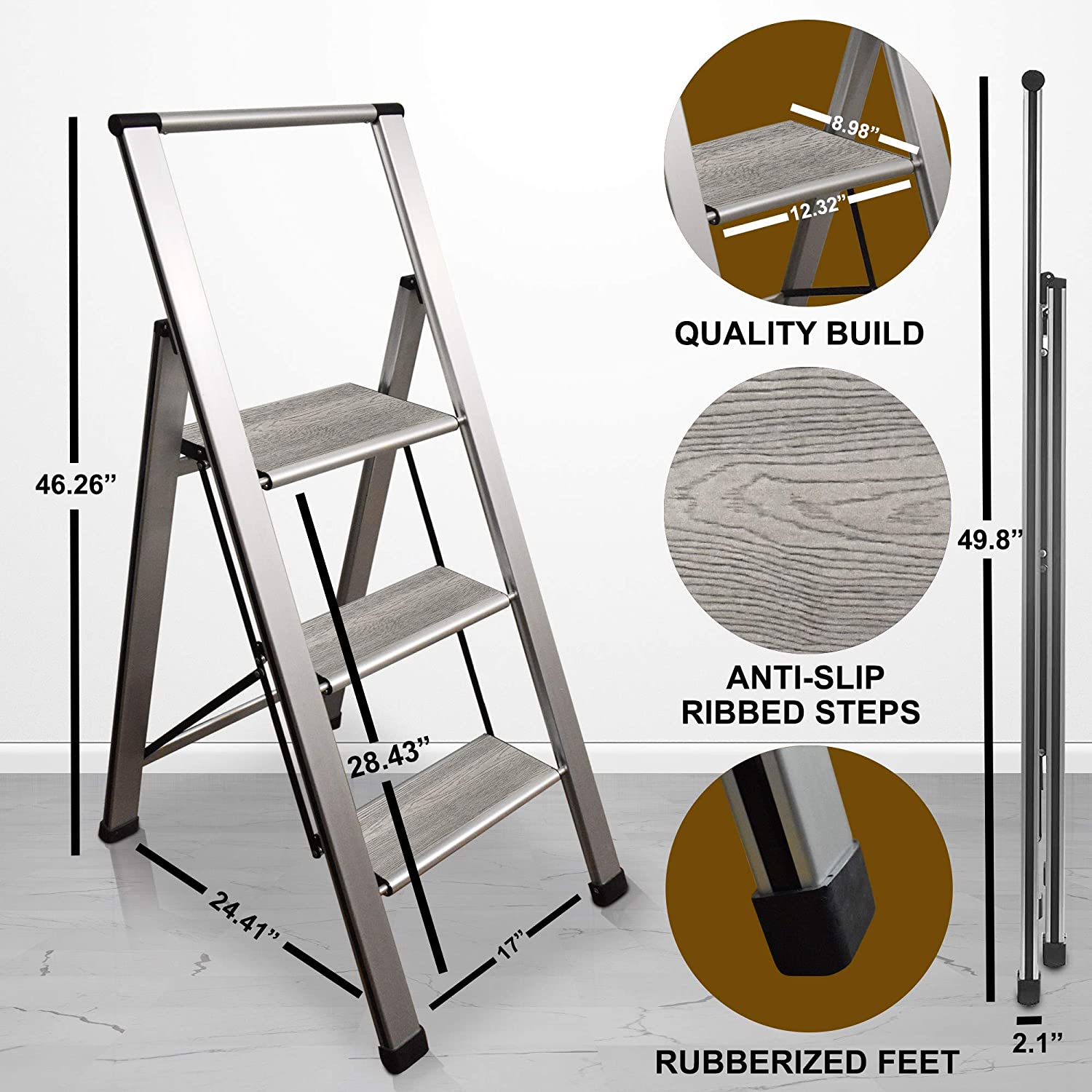 Grey Wood Step Ladder | Silver Aluminum