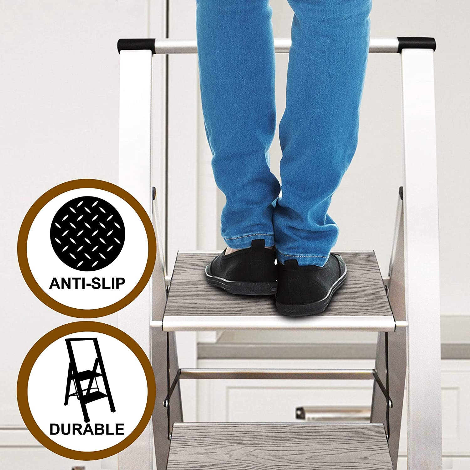 Grey Wood Step Ladder | Silver Aluminum