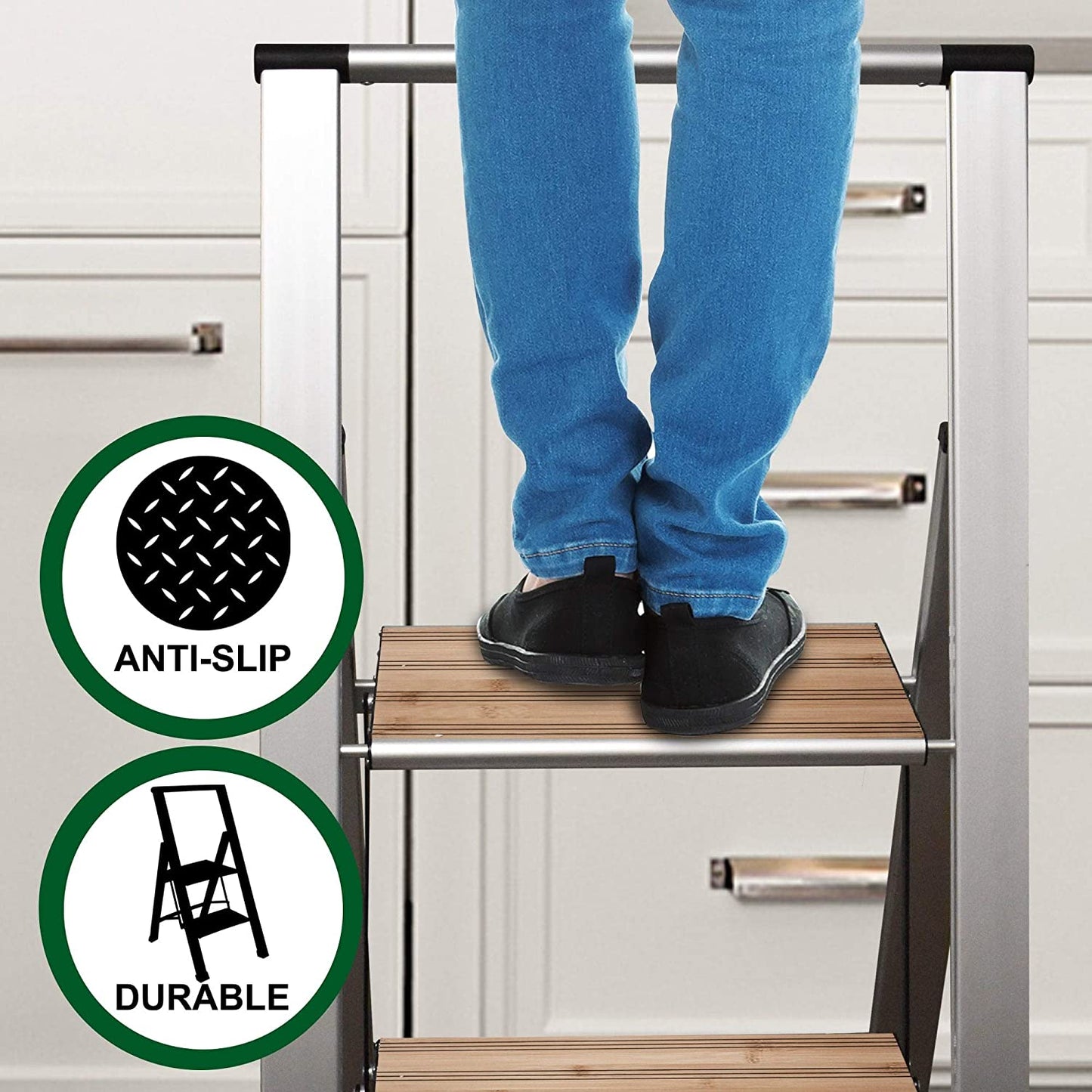 Bamboo Step Ladder | Silver Aluminum
