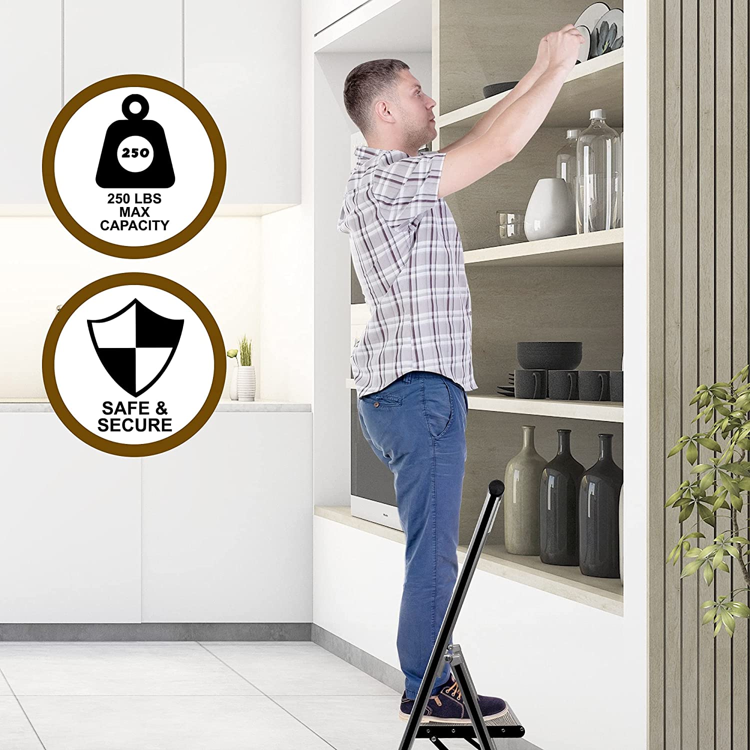 Grey Wood Step Ladder | Silver Aluminum