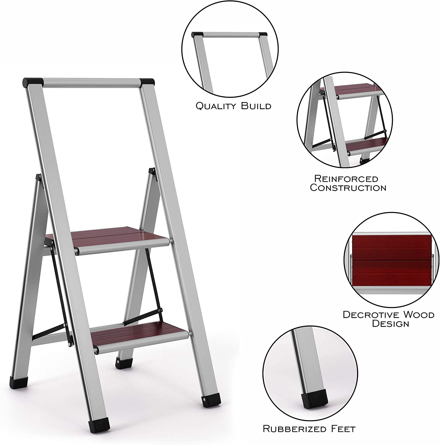 Mahogany Wood Step Ladder | Silver Aluminum