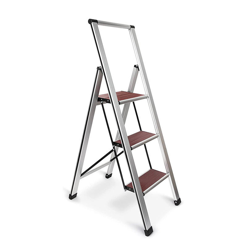 Mahogany Wood Step Ladder | Silver Aluminum